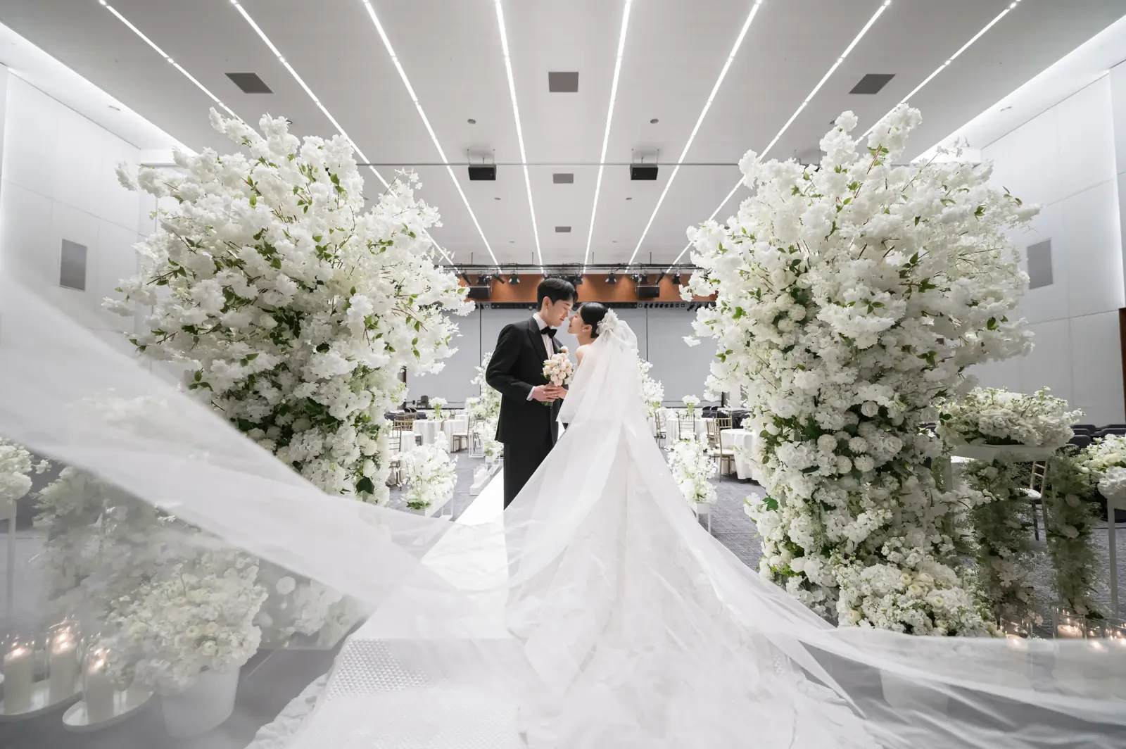 삼성서초사옥 결혼식사진 — 흰 꽃나무 사이로 길게 펼쳐진 베일과 입맞춤하는 신랑 신부